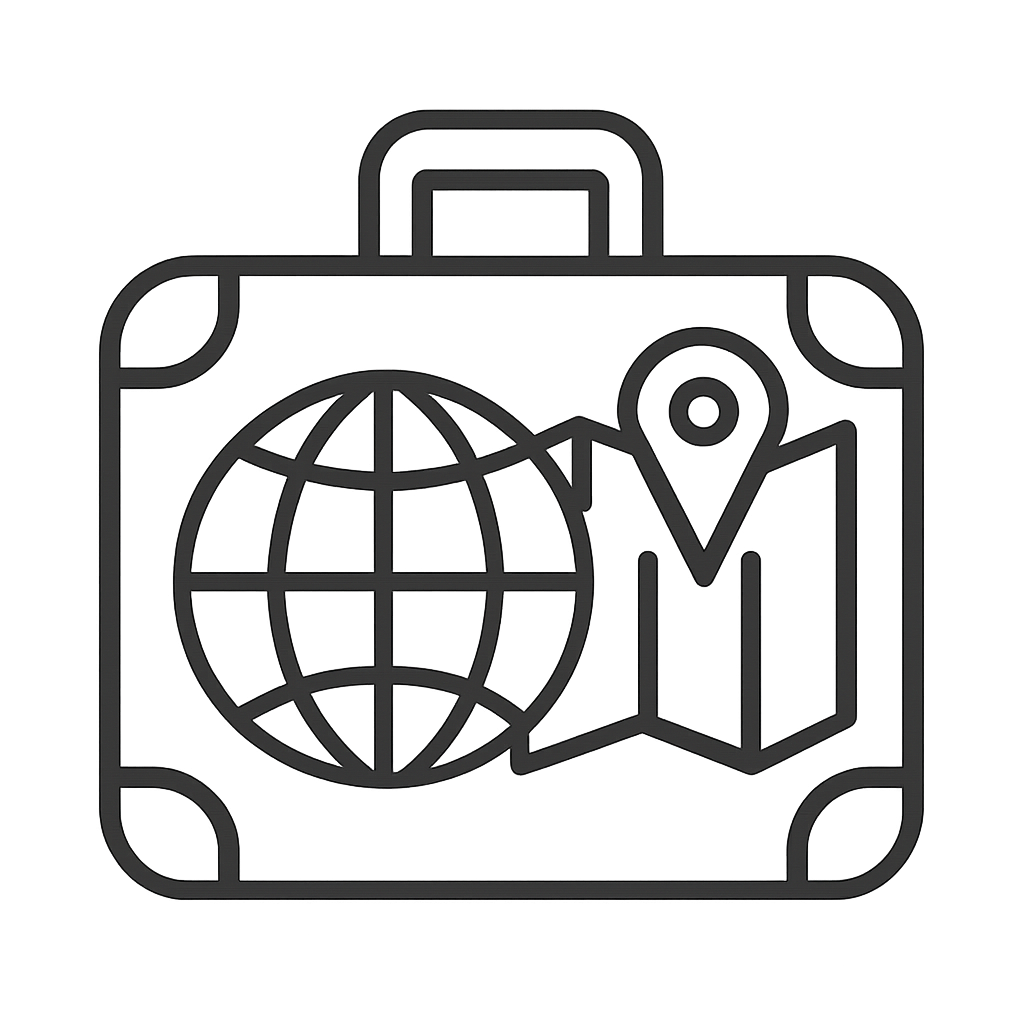 A piece of luggage with a handle, accompanied by a globe icon and map pin inside.