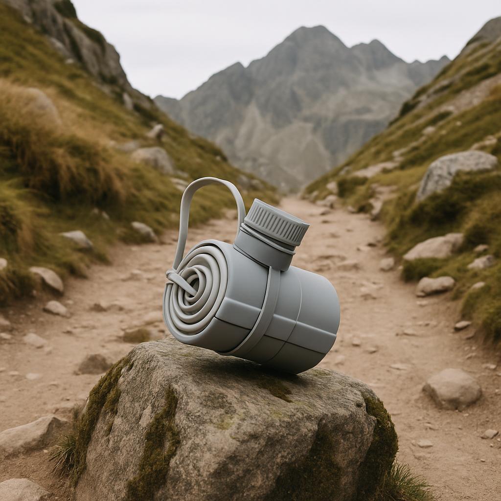 A gray water bottle with a rolled-up hose tightly secured to its side, standing upright on a moss-covered rock amidst a ro...