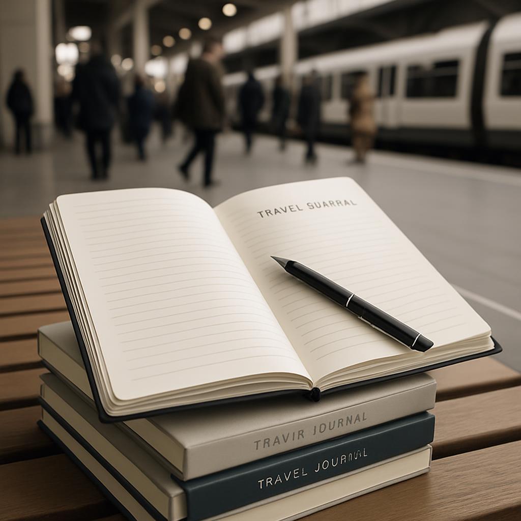 A closeup photograph of four stacked travel journals with a black fountain pen on top, placed on a brown bench in front of...