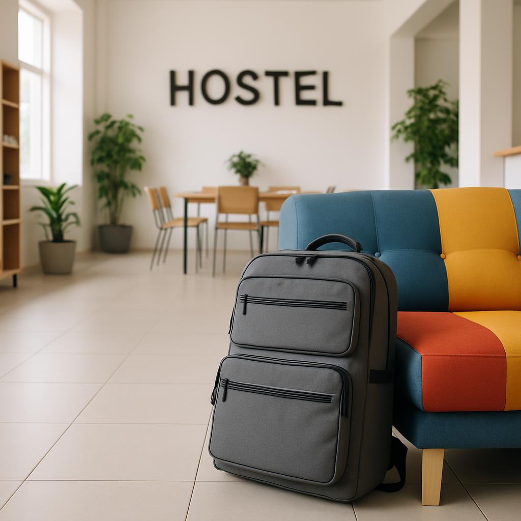 An image of a couch, a large gray duffel bag, a table, and chairs in a communal area of a hostel.