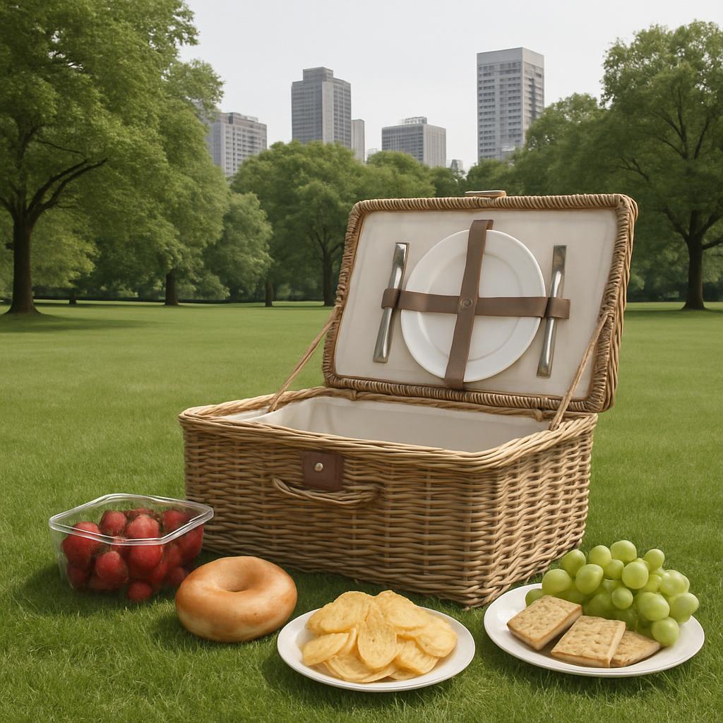 A wicker picnic basket with a hinged lid, open to reveal a white plate, on a grassy field surrounded by trees and city bui...