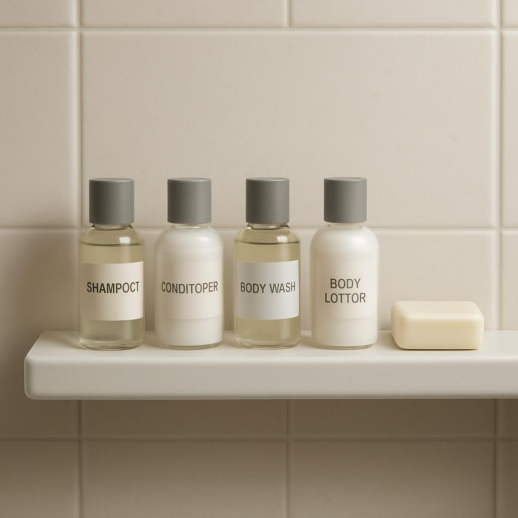 Inside a bathroom wall, four bottles of toiletries and one bar of soap sit on a ledge. The labels on the bottles read "sha...